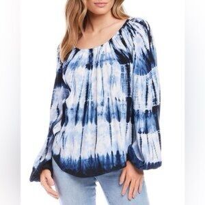 Karen Kane Tie Dye Peasant Top Blue White Off Shoulder Boho Blouse Small NWOT